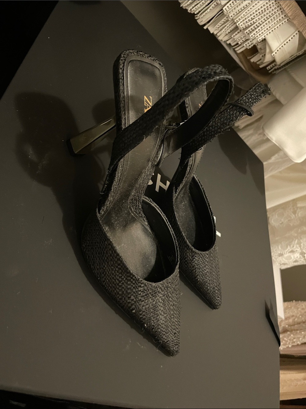 Zara Black Woven Pointed-Toe Slingback Heels